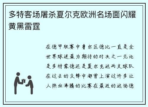 多特客场屠杀夏尔克欧洲名场面闪耀黄黑雷霆