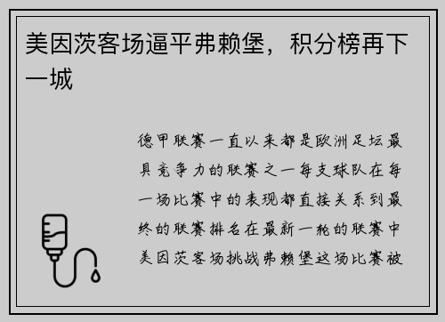 美因茨客场逼平弗赖堡，积分榜再下一城