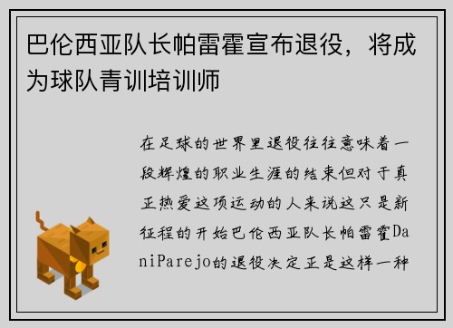 巴伦西亚队长帕雷霍宣布退役，将成为球队青训培训师