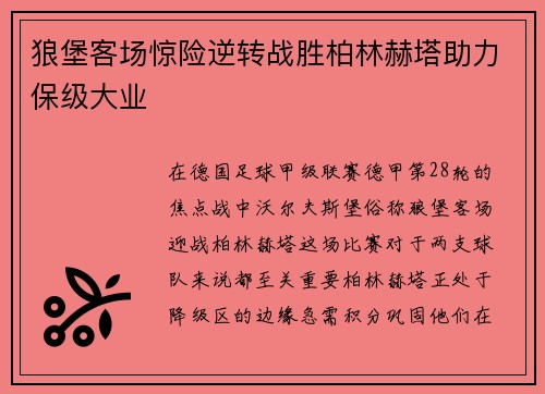 狼堡客场惊险逆转战胜柏林赫塔助力保级大业